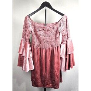 Luxe Moda Women's M Pink Velvet‎ Off Shoulder Smocked Bell Sleeve Mini Dress